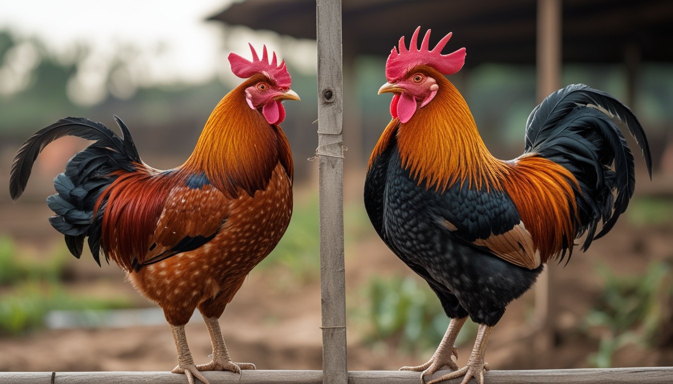 Dua ayam jantan sehat berdiri terpisah di lingkungan peternakan yang terang.