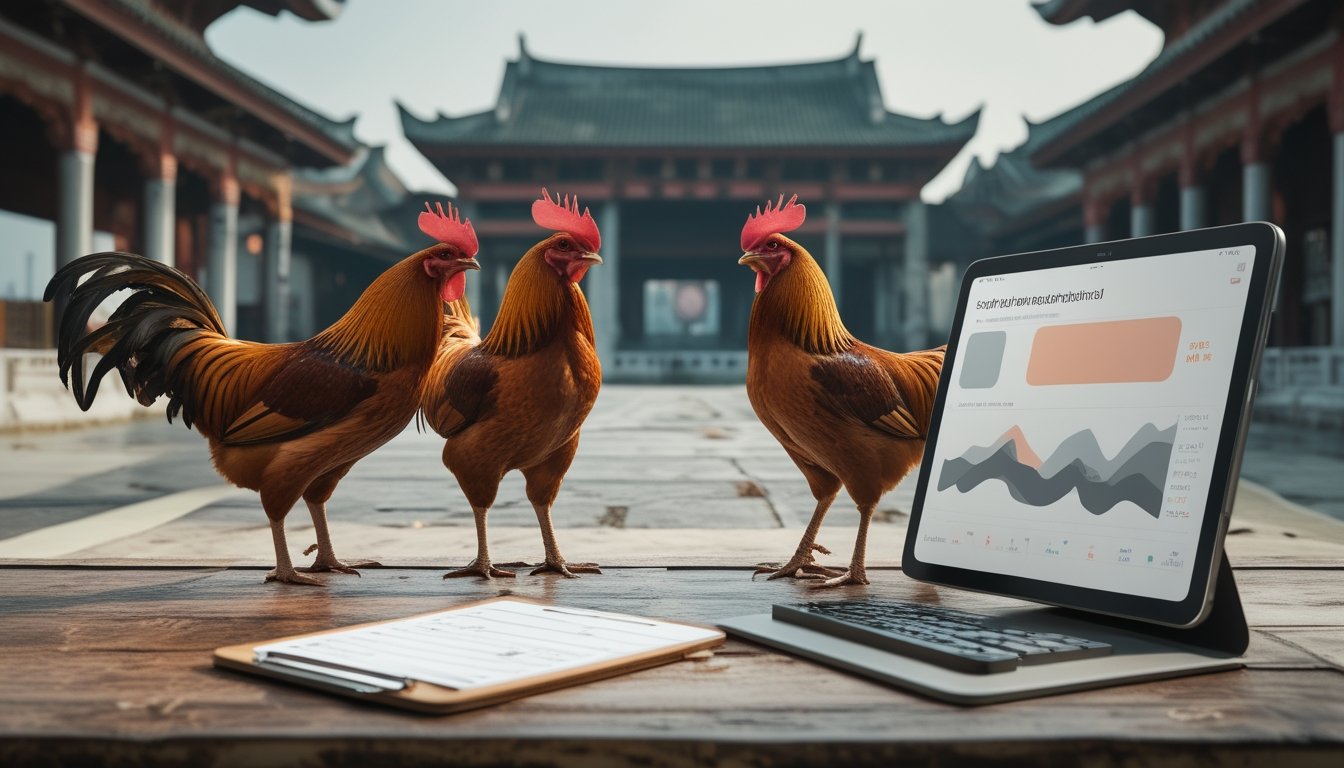 Dua ayam jantan berada di arena terpisah dengan perangkat digital dan alat analisis di dekatnya.