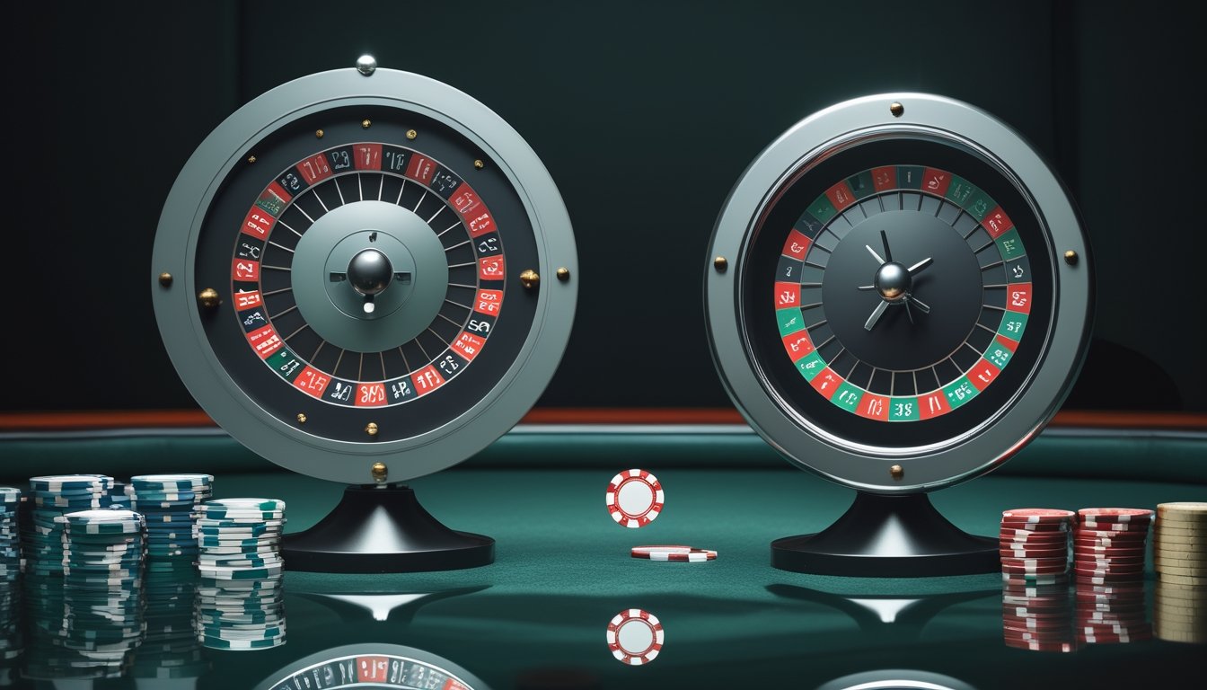 Dua roda roulette berukuran berbeda berdampingan di atas meja kasino dengan keping taruhan.