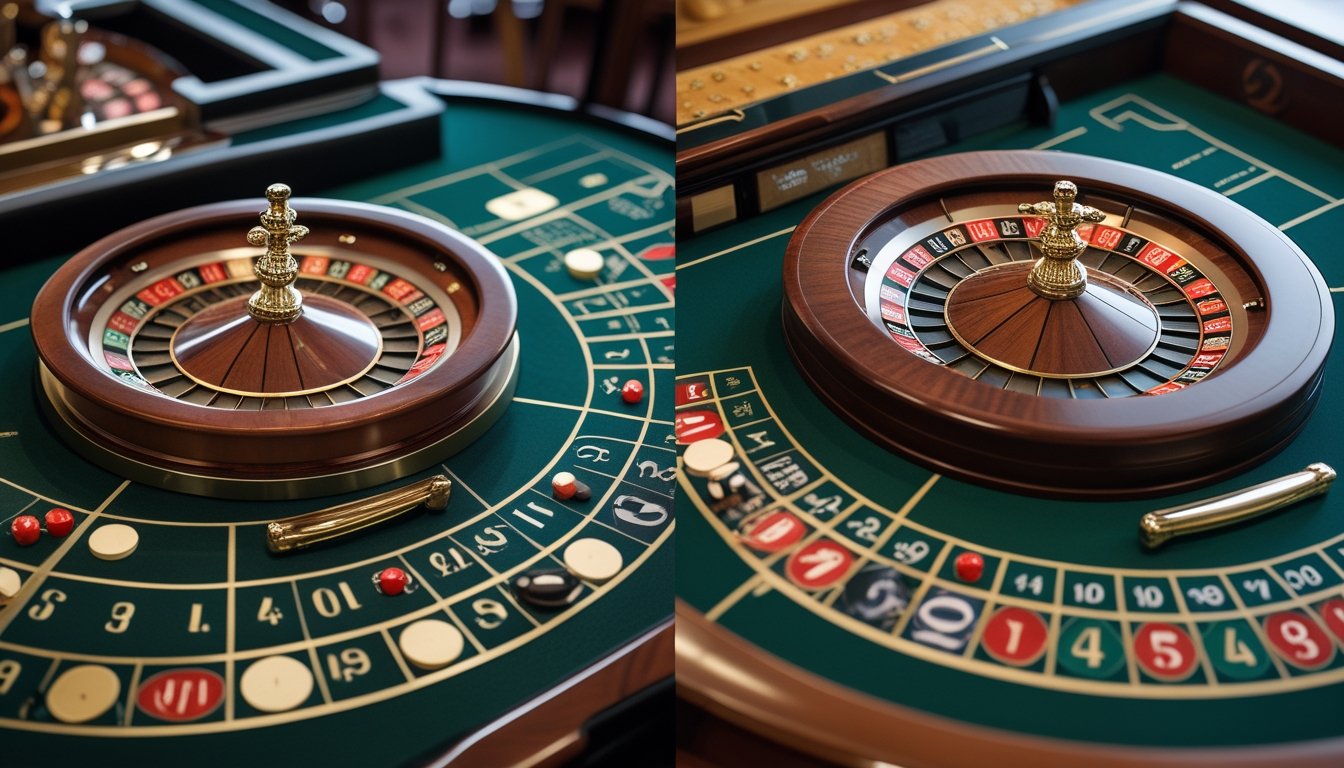 Perbandingan tata letak meja roulette otomatis berukuran penuh dan meja mini roulette di lingkungan kasino.