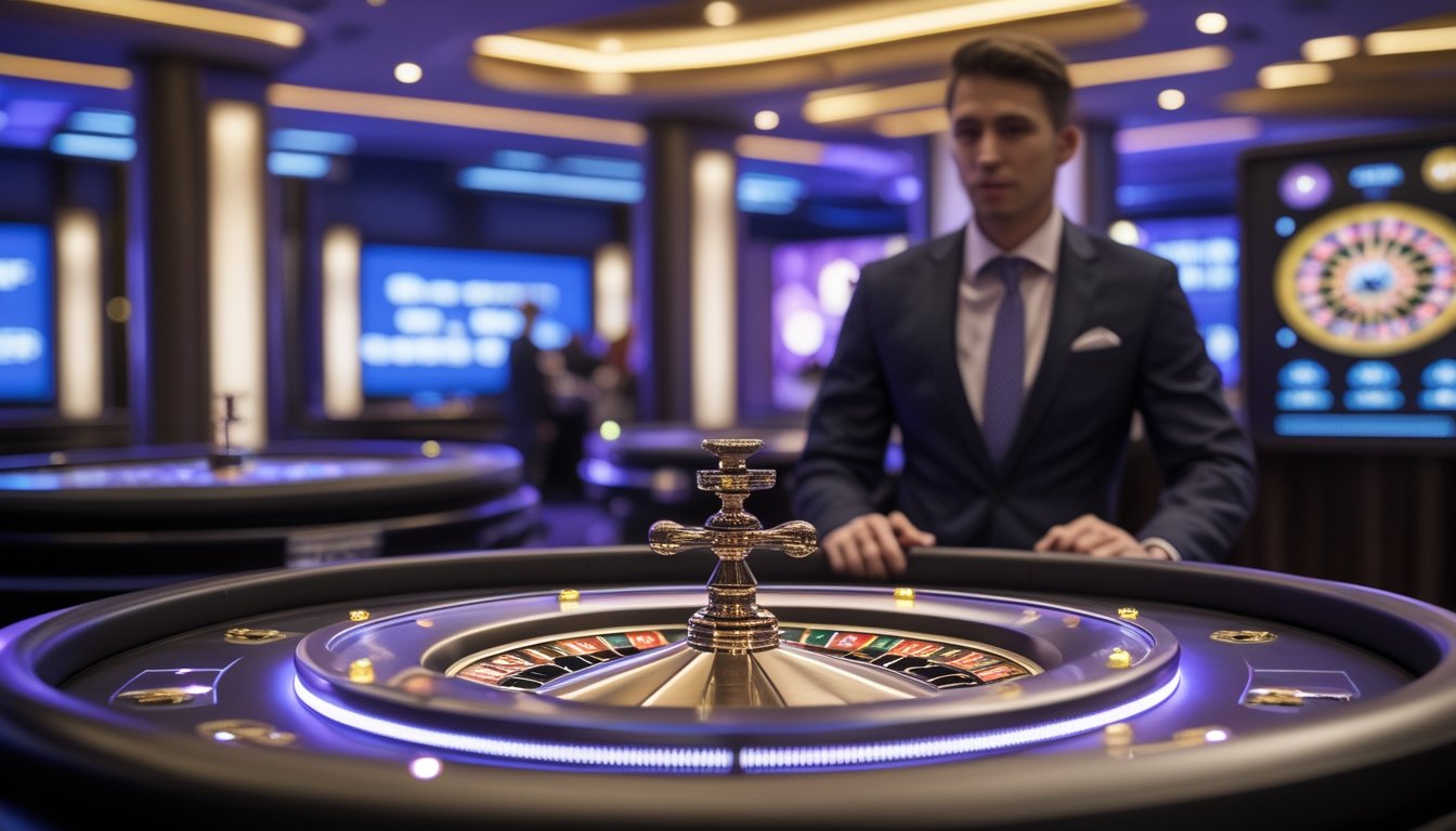 Pemain mengamati roda roulette otomatis yang berputar cepat di kasino modern.