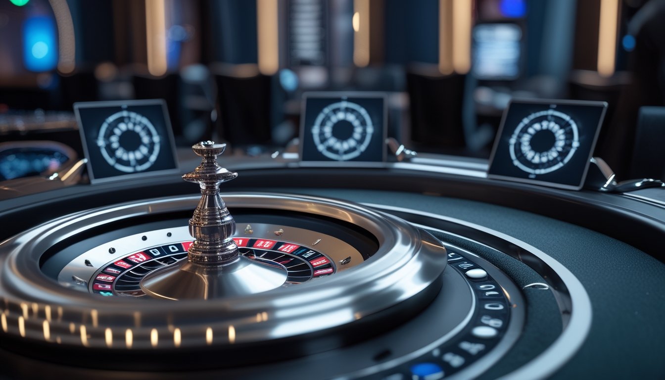 Roda roulette modern dengan bola yang bergerak cepat di dalam lingkungan kasino elegan.