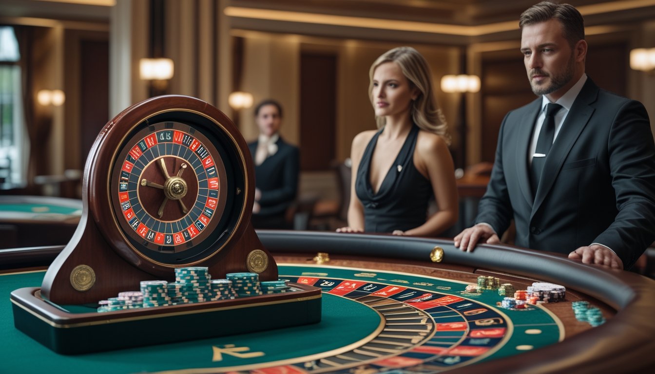 Seorang pemain dan croupier membandingkan roda roulette mini dan roda roulette klasik di atas meja kasino.