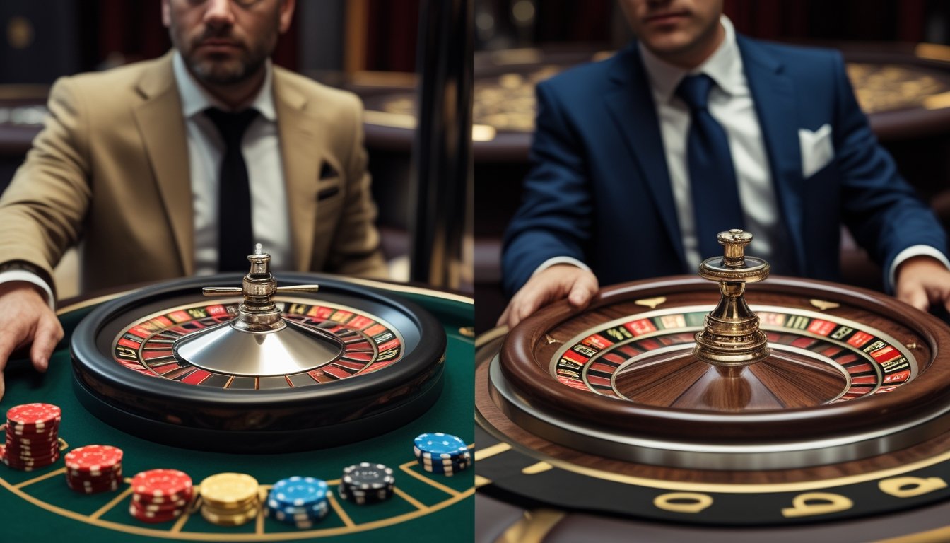 Meja mini roulette dan meja roulette klasik ditampilkan berdampingan di ruang kasino, dengan pemain dan bandar mengamati keduanya.