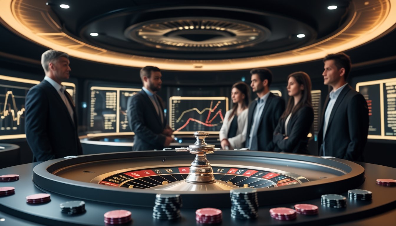 Meja roulette otomatis modern dengan chip dan grafik analitik abstrak, diamati oleh beberapa orang dewasa di lingkungan kasino elegan.