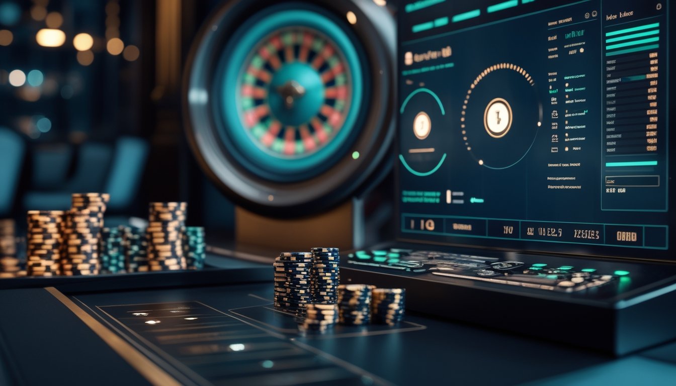 Roda roulette modern dengan chip dan visualisasi data probabilitas di latar belakang.