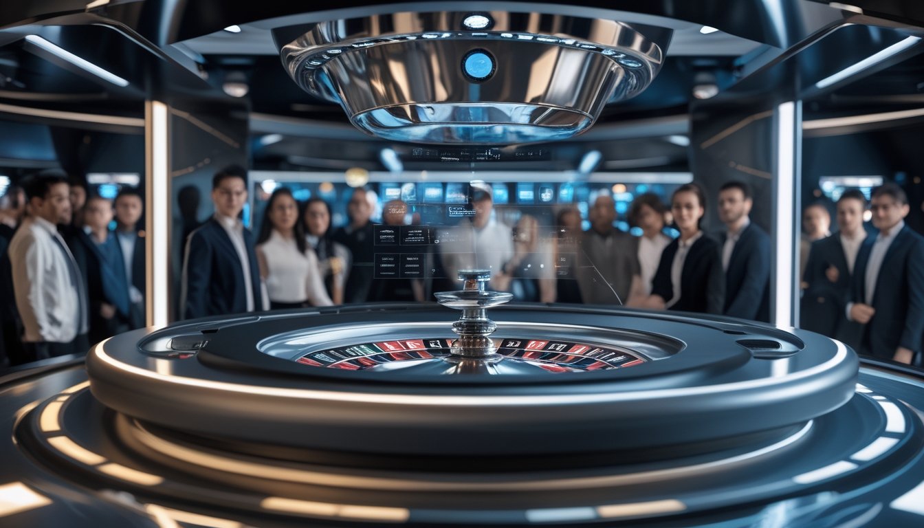 Meja roulette otomatis futuristis dengan teknologi sensor dan komponen robotik di lingkungan kasino modern.