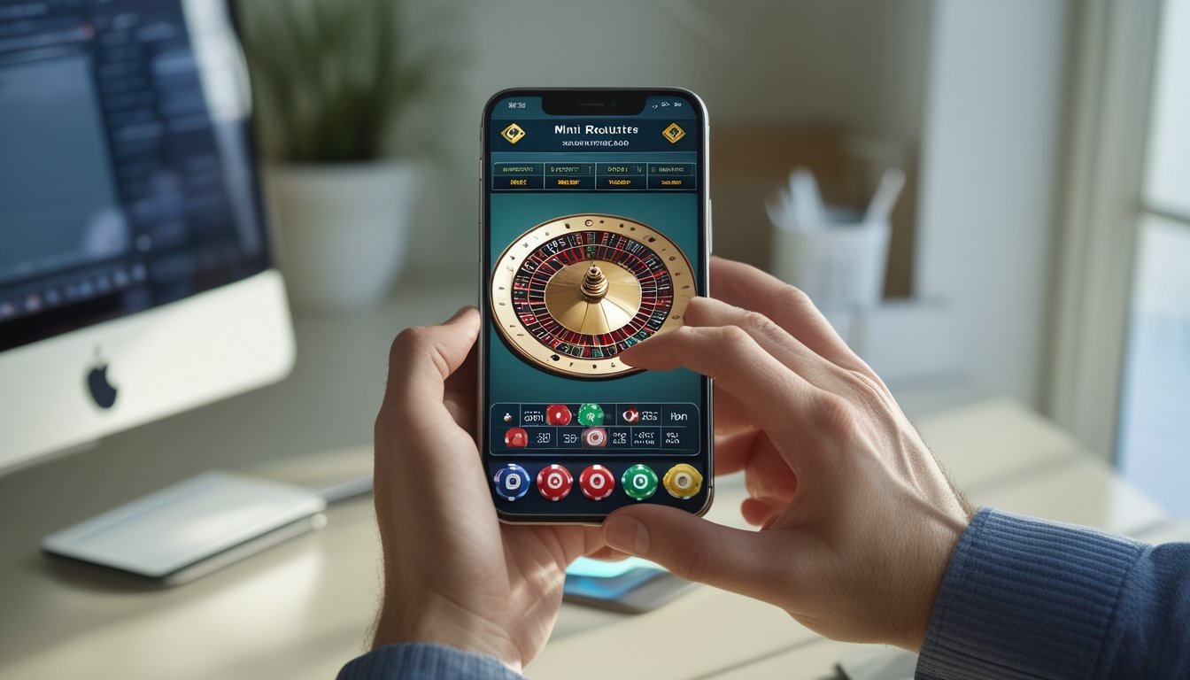 Seseorang menggunakan smartphone untuk bermain mini roulette dengan aman di meja kerja yang rapi.