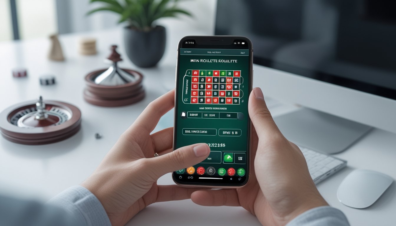 Tangan orang dewasa menggunakan ponsel yang menampilkan permainan mini roulette di atas meja dengan roda roulette dan keping taruhan di latar belakang.