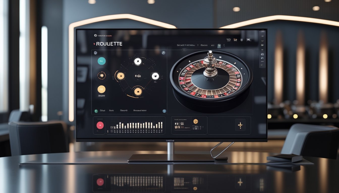 Layar komputer menampilkan roda roulette digital, indikator putaran otomatis, dan grafik statistik riwayat permainan.