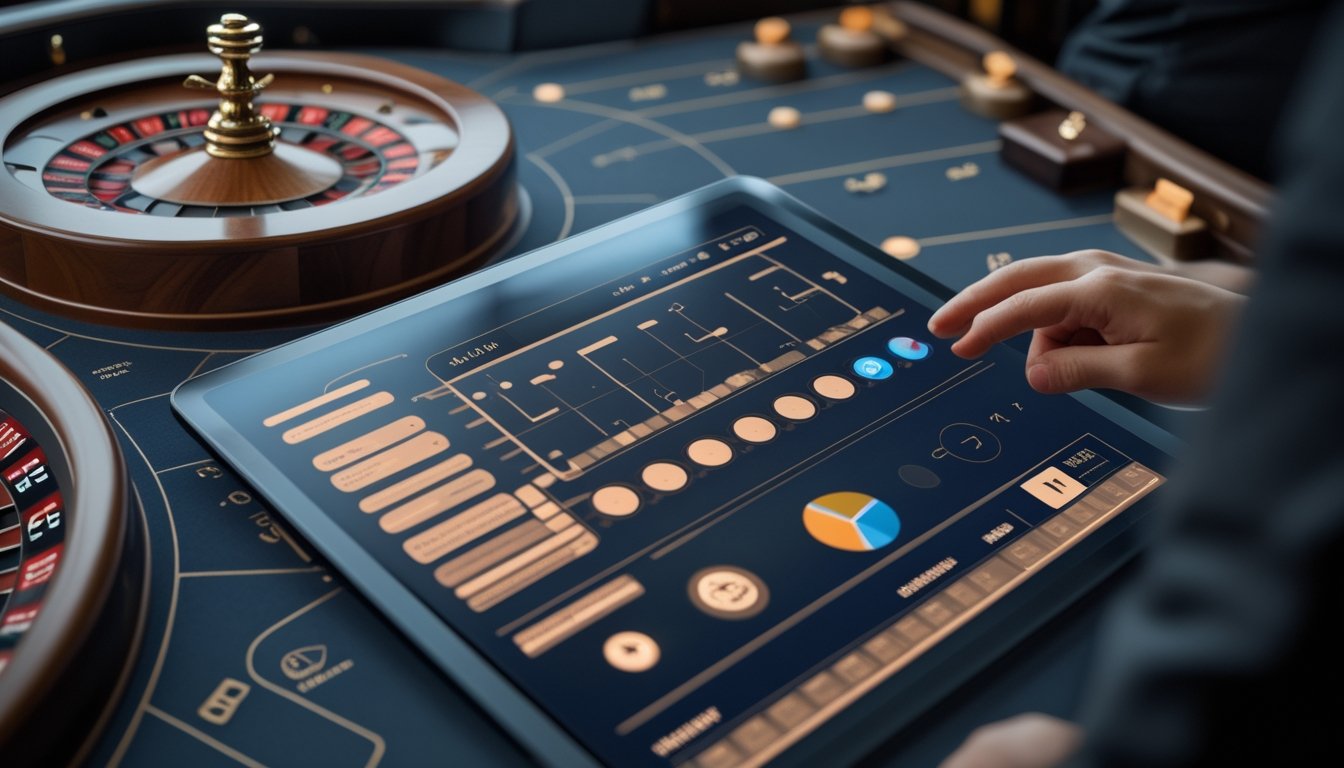 Roda roulette berputar di samping layar yang menampilkan grafik statistik abstrak.
