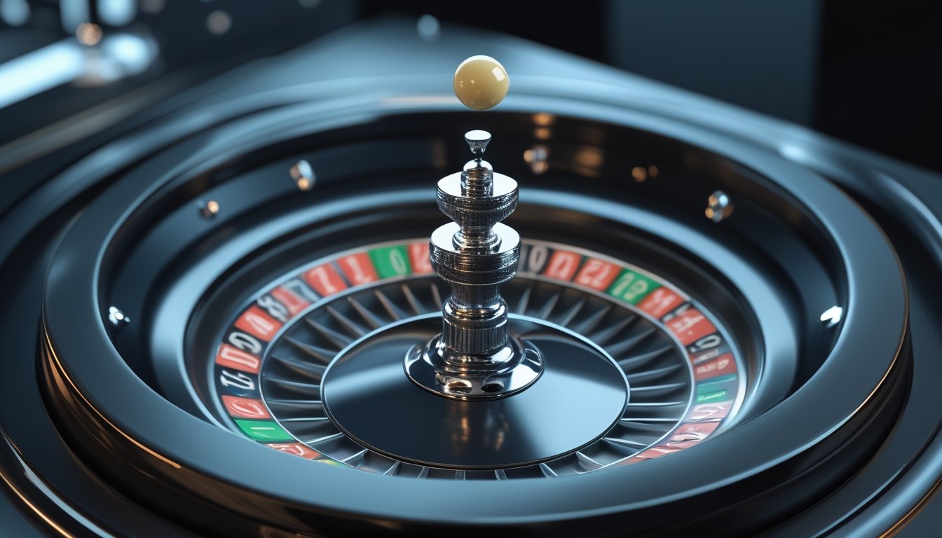 Roda roulette mini modern dengan bola yang sedang berputar dan pola analitis transparan di sekelilingnya.