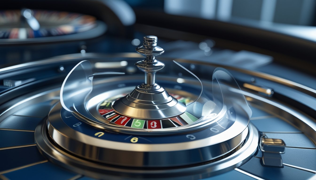 Roda roulette mini berputar dengan bola yang melaju, disertai visualisasi abstrak tentang probabilitas dan keacakan.