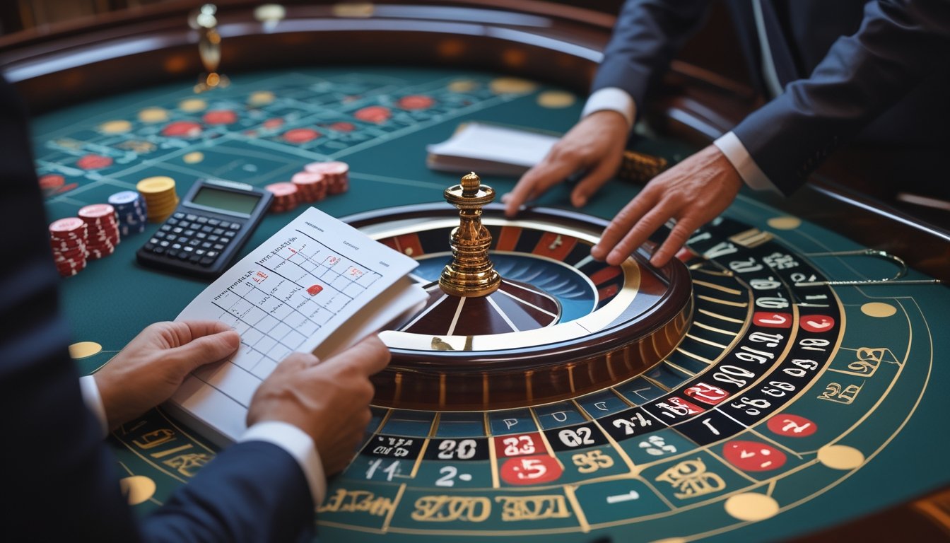 Seseorang menganalisis roda roulette, keping taruhan, dan catatan pola di meja kasino.