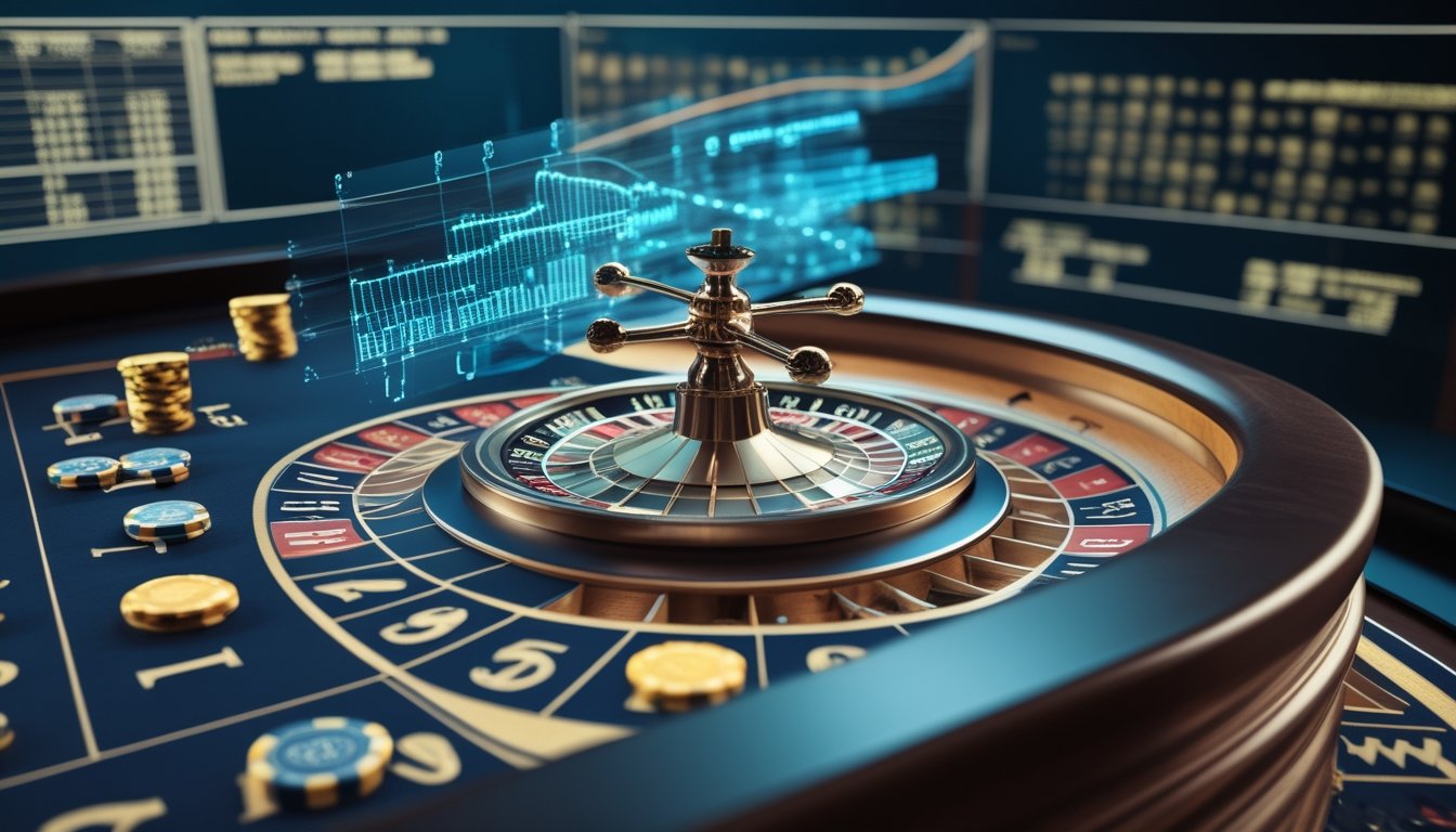 Meja roulette modern dengan roda roulette, keping taruhan, dan visualisasi data probabilitas di latar belakang.