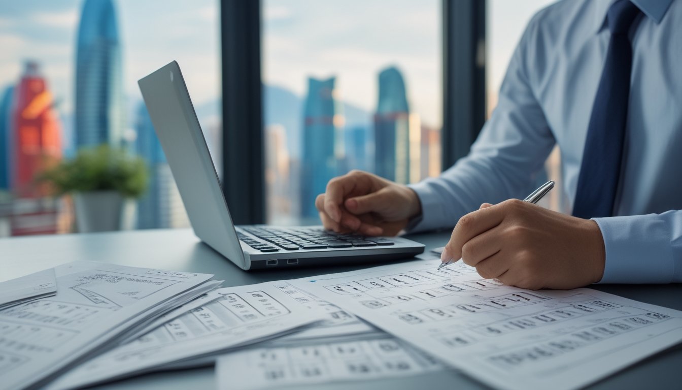 Seorang analis memeriksa data angka empat digit di meja kerja dengan latar siluet kota Macau.