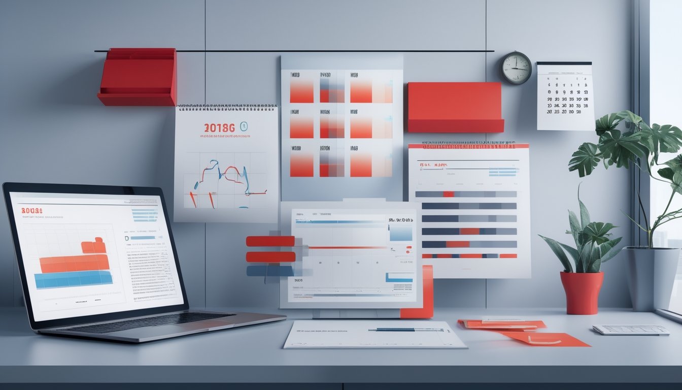 Meja kerja analis dengan laptop, grafik data, kalender, dan dokumen yang tersusun rapi.