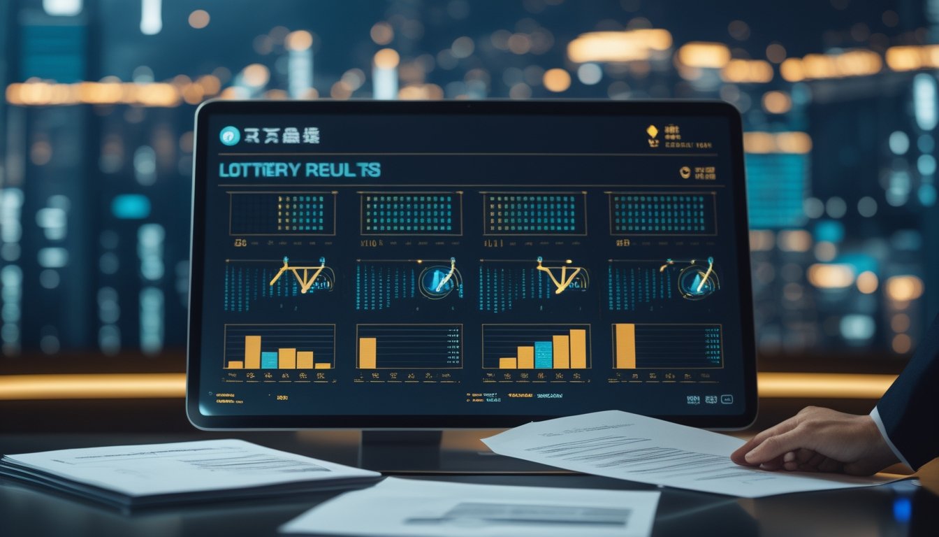 Meja kerja modern dengan layar analisis data abstrak dan pemandangan kota bercahaya di latar belakang.