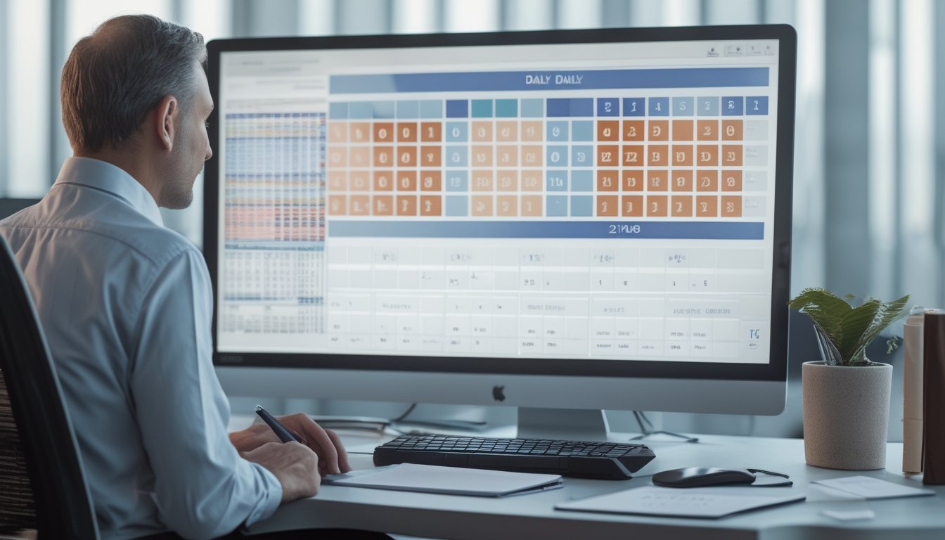 Seorang analis memeriksa tabel data harian di komputer dengan notebook dan kalkulator di meja.
