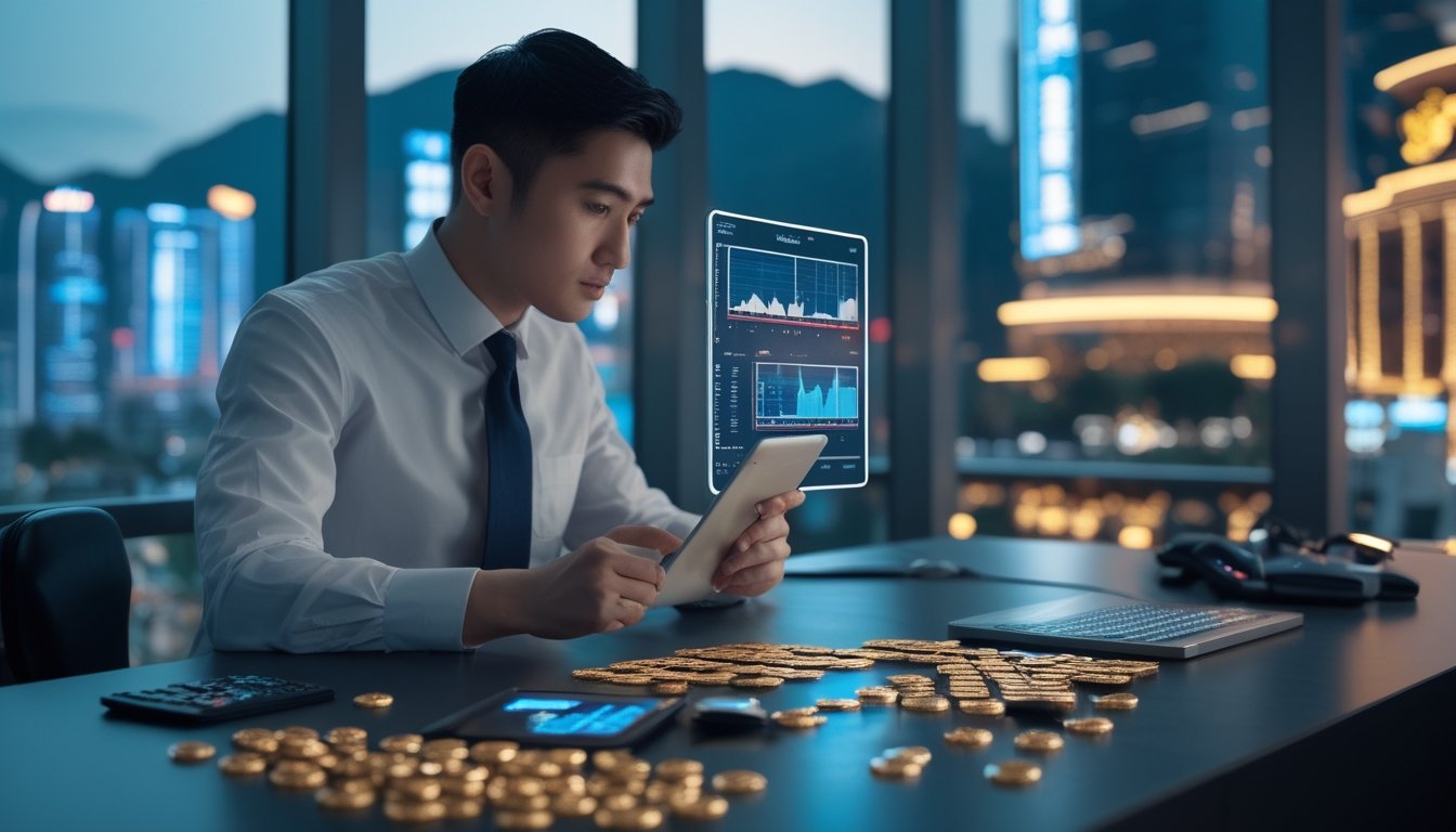 Seorang analis memeriksa grafik dan angka di meja kerja dengan latar siluet kota Macau pada malam hari.
