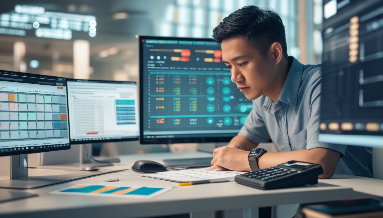 Seorang analis mempelajari grafik dan data abstrak di ruang kerja modern.