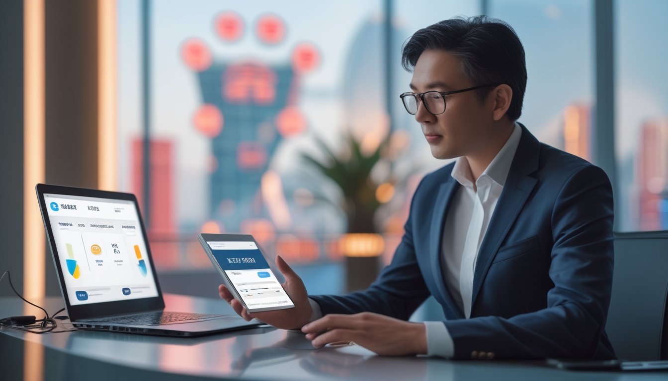 Seorang profesional memeriksa data lotre digital di laptop dalam suasana kantor modern dengan nuansa Macau.