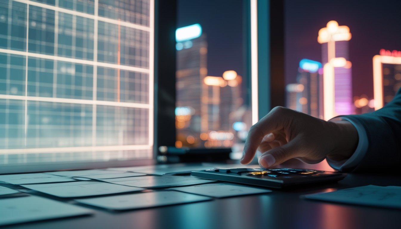 Meja kerja modern dengan lembar analisis kosong dan tampilan data abstrak, berlatar suasana kota Macau pada malam hari.