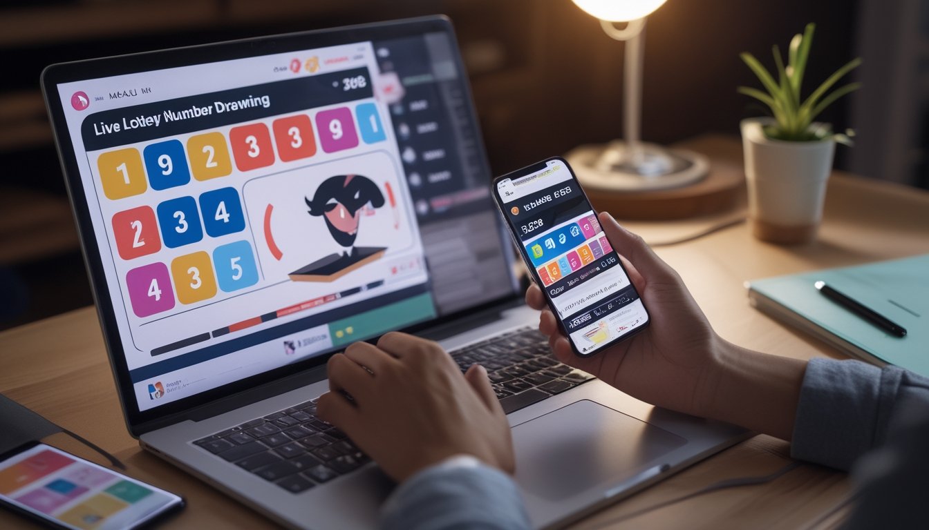 Seseorang menyaksikan siaran pengundian angka secara langsung melalui laptop dan ponsel di meja.