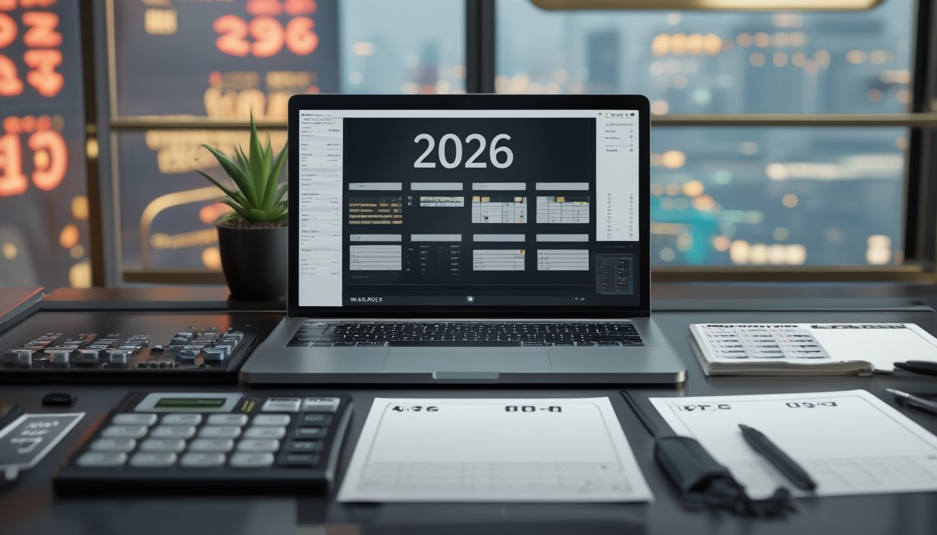 Meja kerja modern dengan laptop, kalender, lembar analisis, kalkulator, dan lima token angka.