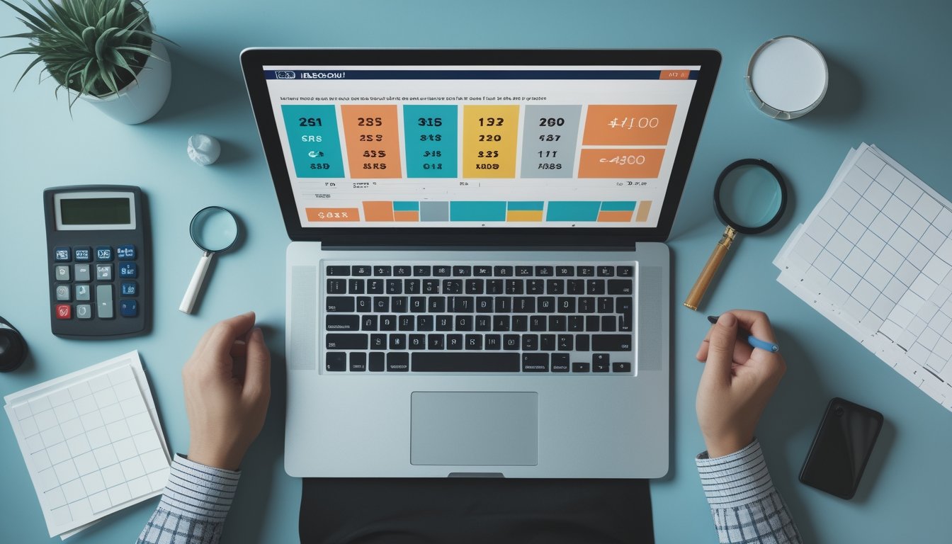 Meja kerja modern dengan laptop berisi grafik abstrak, kalkulator, kaca pembesar, dan lembar analisis kosong.
