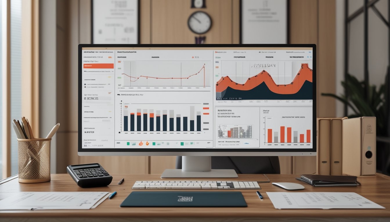 Ruang kerja analis dengan layar berisi grafik data abstrak, laptop, kalkulator, dan map arsip.