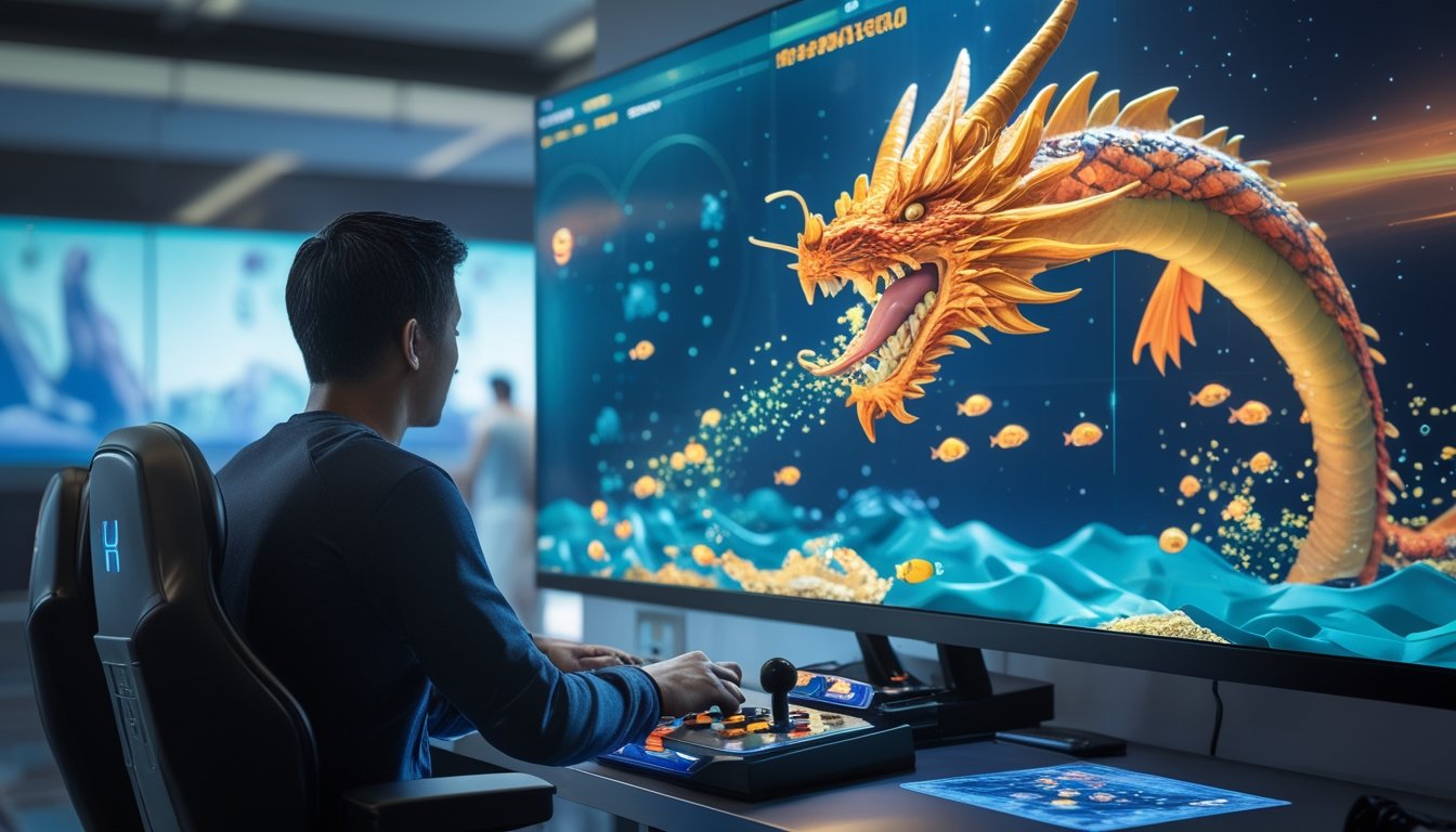 Seorang pemain fokus menghadapi boss naga dalam permainan tembak ikan 2D di layar monitor.