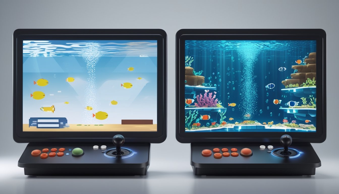Dua layar permainan menampilkan perbandingan visual bawah laut klasik dan modern dengan ikan serta terumbu karang.