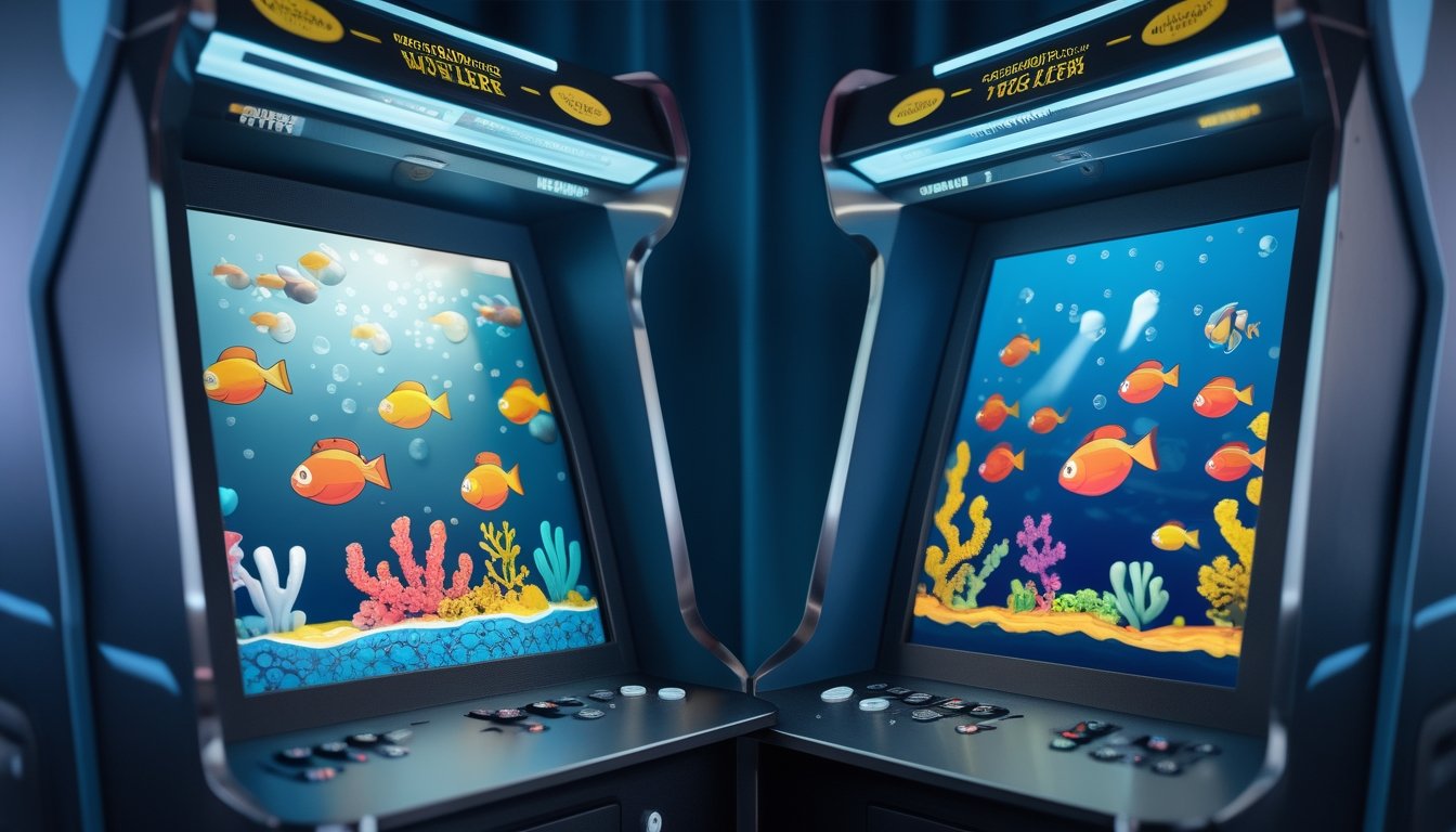 Layar permainan arcade bawah laut menampilkan perbandingan grafis ikan 2D klasik dan versi yang diperbarui.