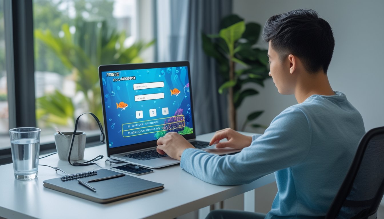 Seseorang menyiapkan pendaftaran akun game tembak ikan di meja dengan laptop, ponsel, dan catatan.