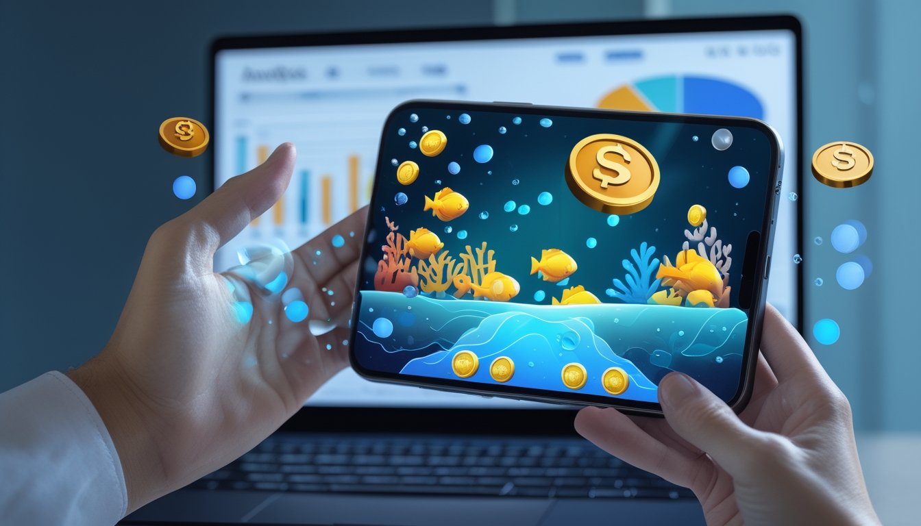 Tangan memegang ponsel yang menampilkan permainan menembak ikan 2D dengan koin, berlatar meja kerja modern dan analitik aplikasi.