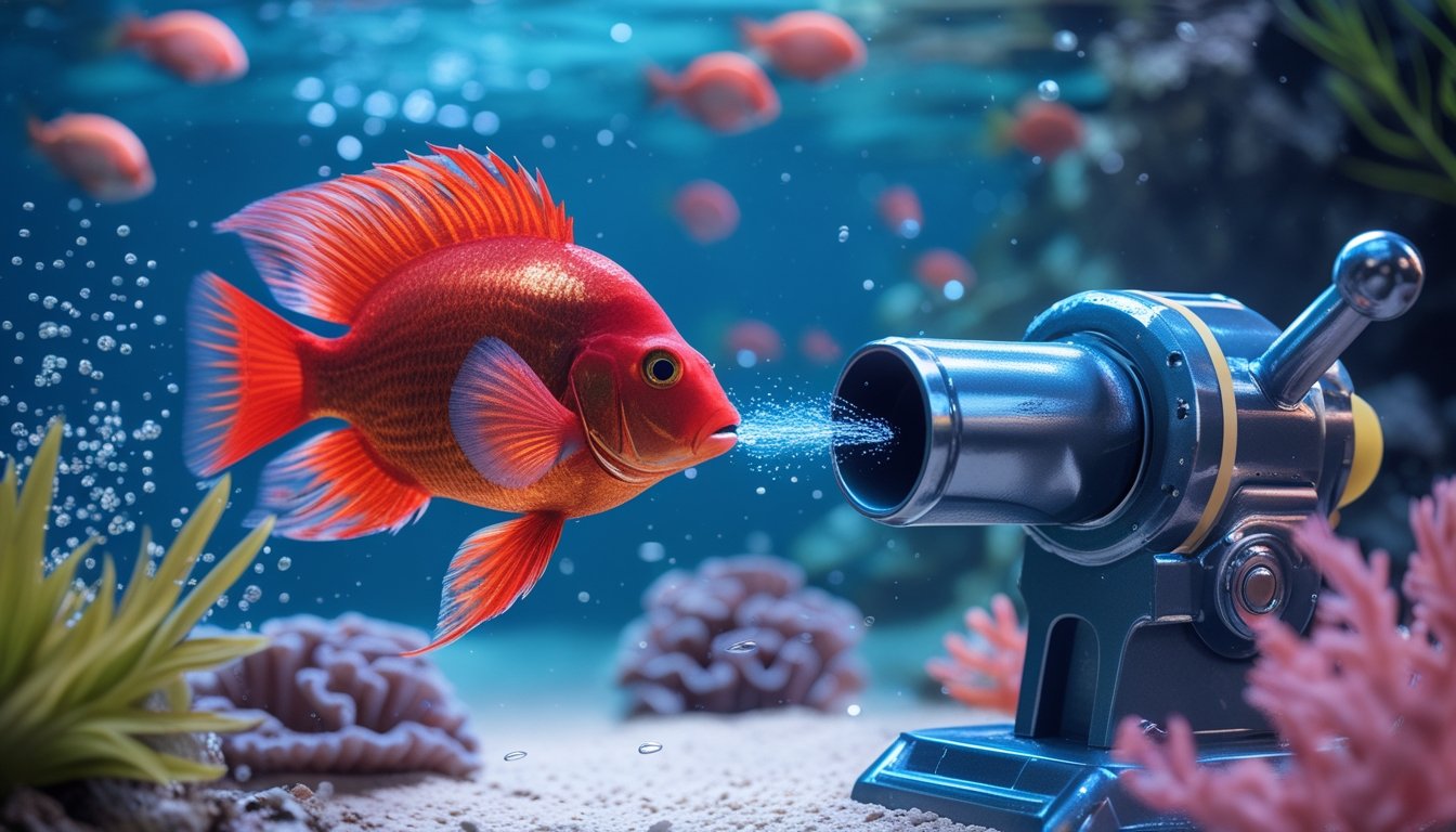 Seekor ikan merah berenang di antara terumbu karang dengan meriam permainan mengarah ke arahnya.
