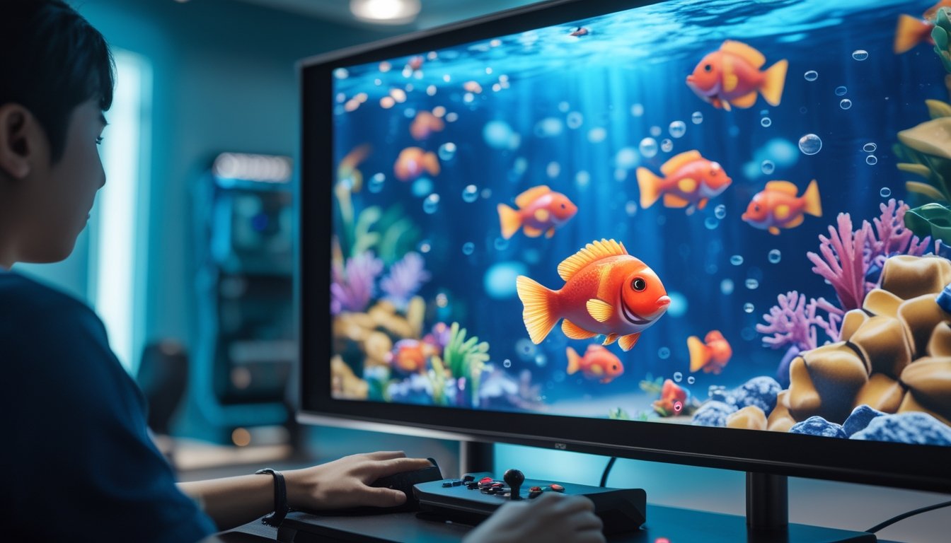 Pemain menggunakan perangkat arcade untuk memainkan permainan tembak ikan 2D dengan ikan merah yang menonjol di layar.