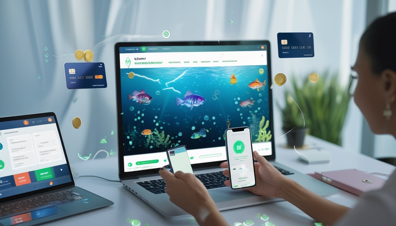 Seseorang menggunakan ponsel dan laptop untuk mengelola pembayaran pada permainan memancing digital.