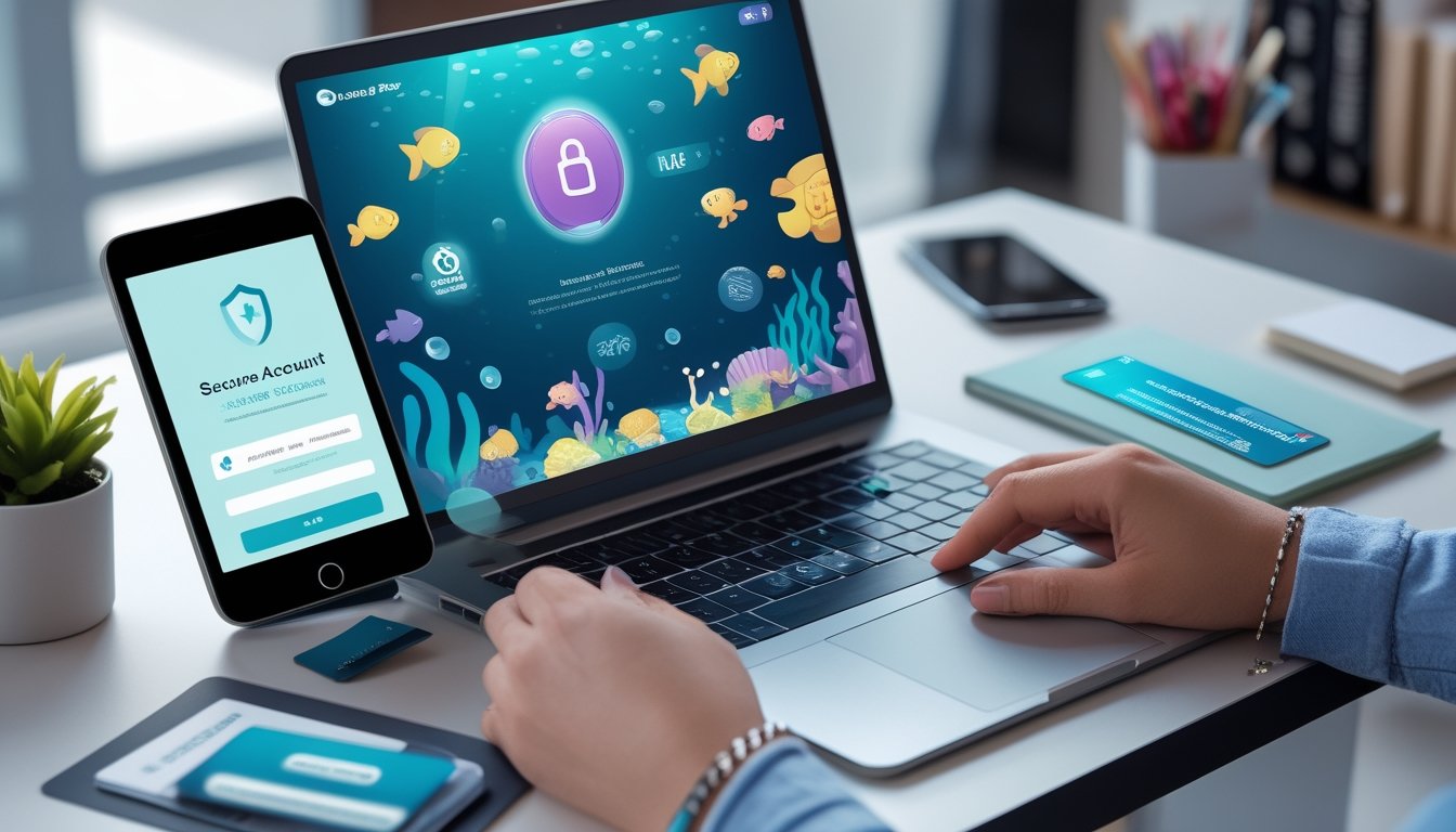 Tangan menyiapkan akun dan transaksi digital di depan laptop dengan permainan ikan 2D serta ponsel pembayaran.