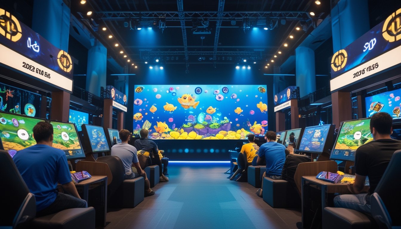 Peserta mengikuti turnamen permainan tembak ikan 2D di arena modern dengan hadiah dan piala di latar belakang.