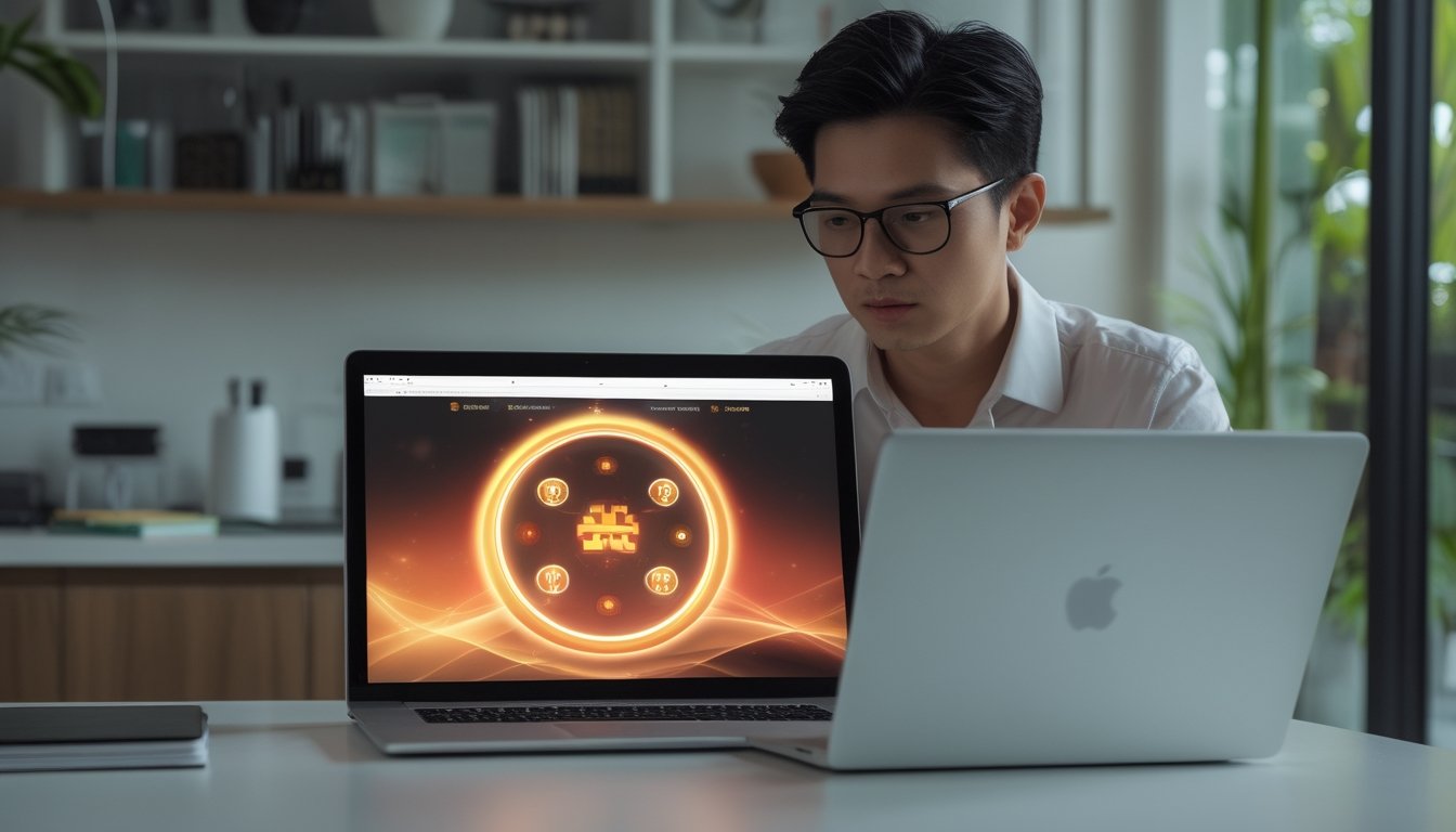 Orang dewasa Indonesia menggunakan laptop di ruang kerja modern dengan tampilan permainan digital abstrak.
