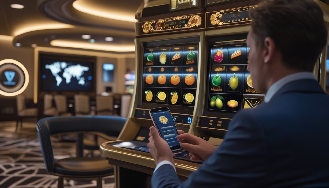 Seorang pemain mempelajari mesin slot bertema buah di lounge kasino modern.