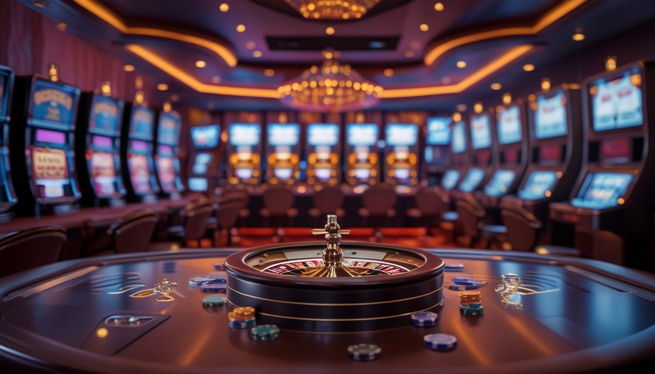 Suasana kasino modern dengan roda roulette, keping kasino, dan mesin slot bercahaya.
