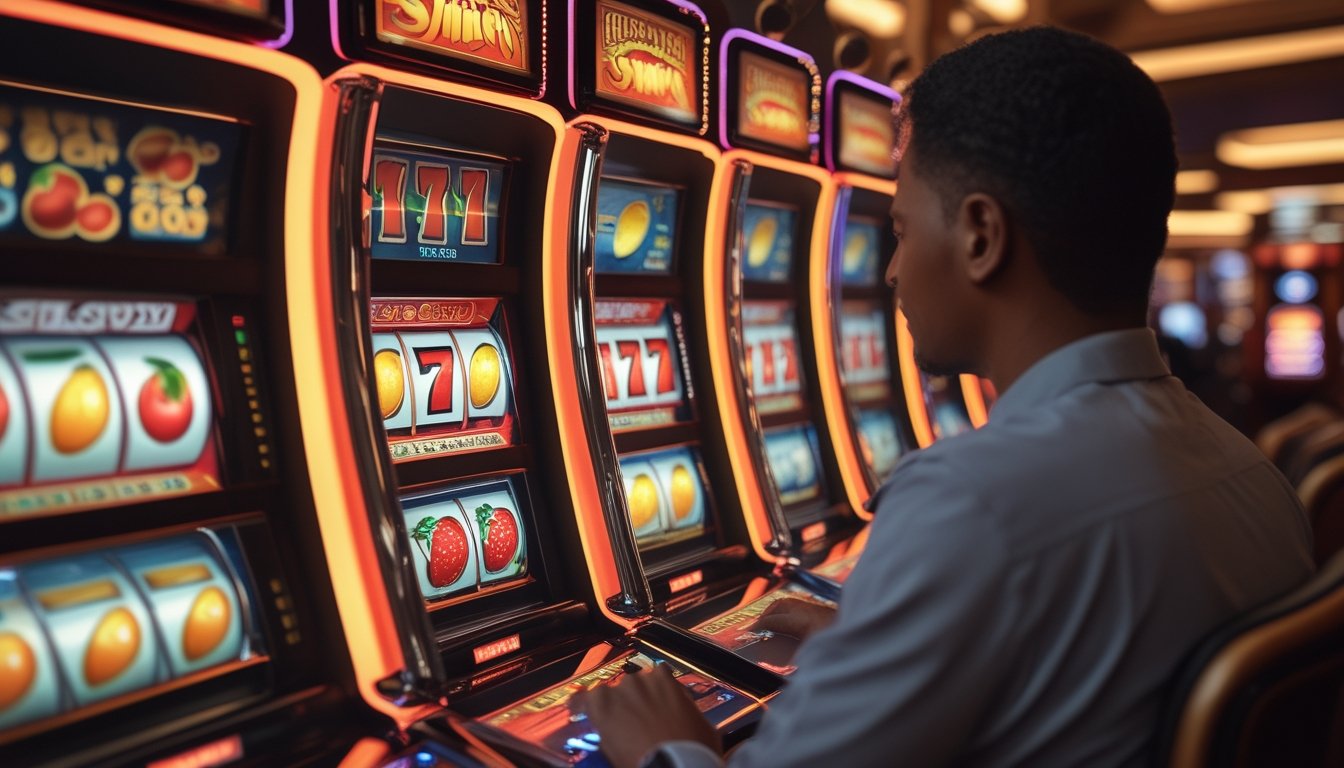 Pemain mengamati mesin slot bertema buah di lingkungan kasino modern.