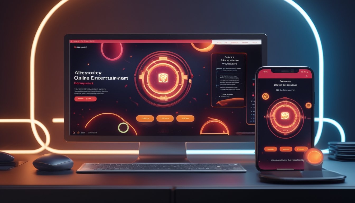 Laptop dan ponsel menampilkan antarmuka hiburan digital bercahaya dengan nuansa merah, emas, dan biru di atas meja modern.
