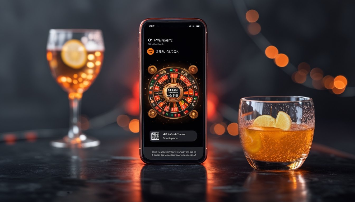 Ponsel menampilkan antarmuka digital berwarna cerah dengan pola pembayaran QR di samping minuman bercahaya dalam suasana modern.