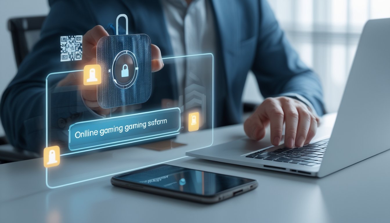 Seseorang memeriksa platform permainan daring dengan simbol keamanan di laptop dan ponsel.