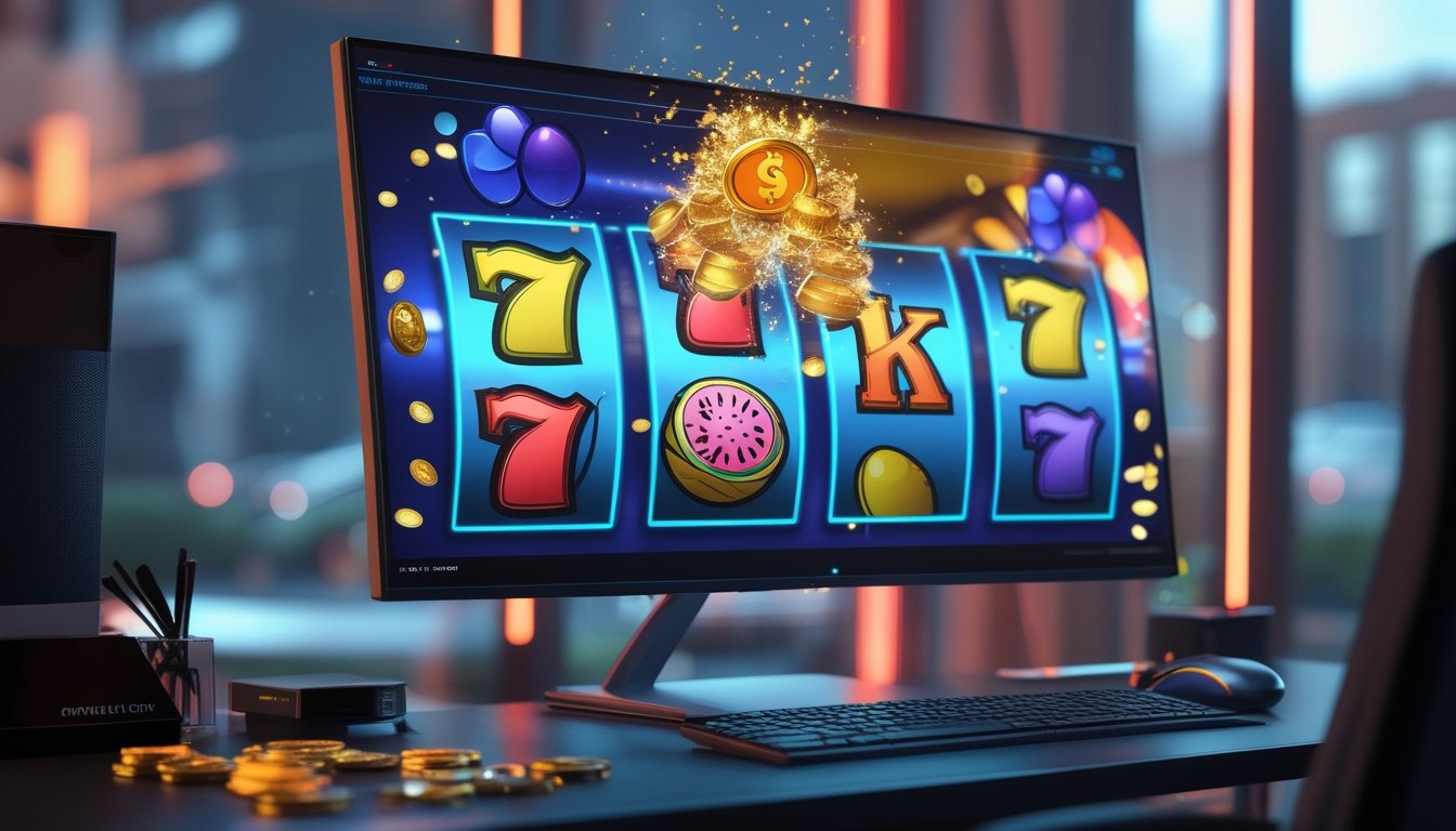 Monitor menampilkan permainan slot bertema buah dengan koin emas dan cahaya jackpot di meja komputer.