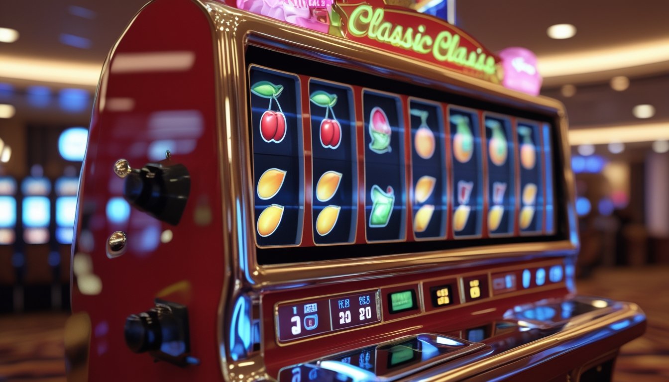 Mesin slot bertema buah dengan cahaya hangat di lingkungan kasino modern.